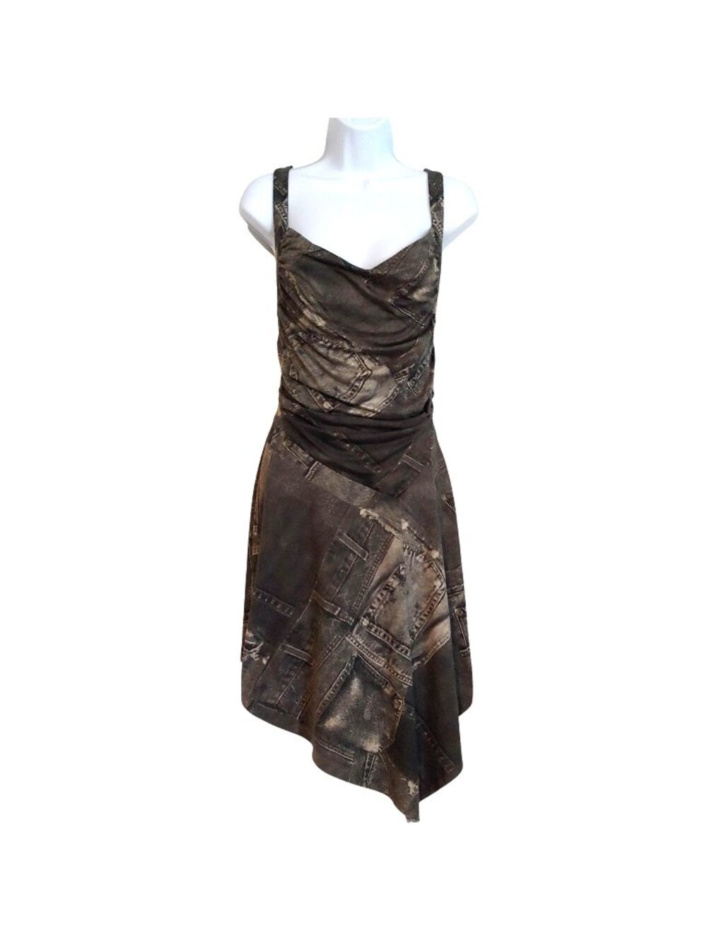 Silence + Noise Denim Print Dress Y2K Cowl Neck Ruched Asymmetrical Grunge M